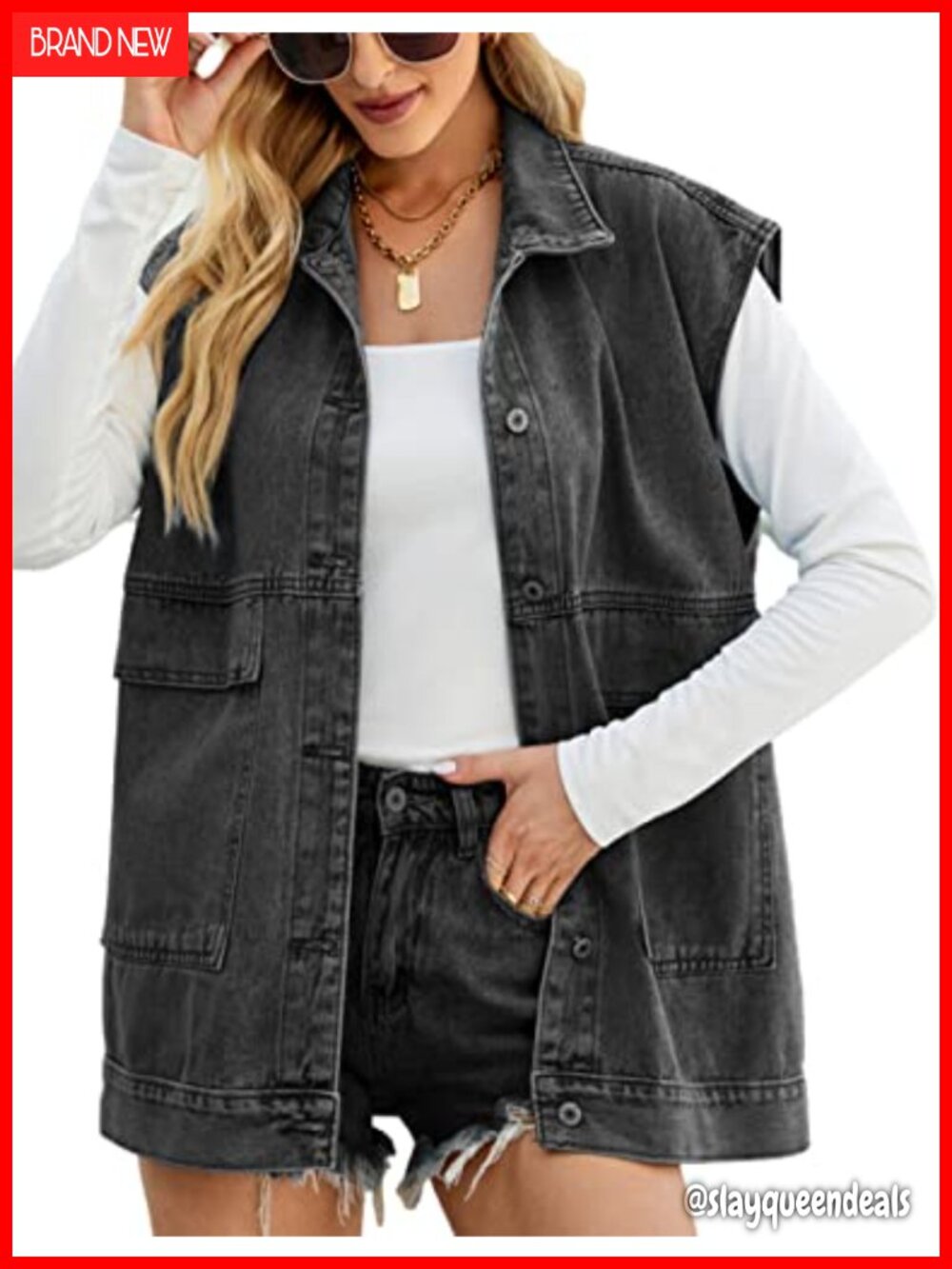 Oversized Denim Vest Sleeveless Button Down Jean Waistcoat